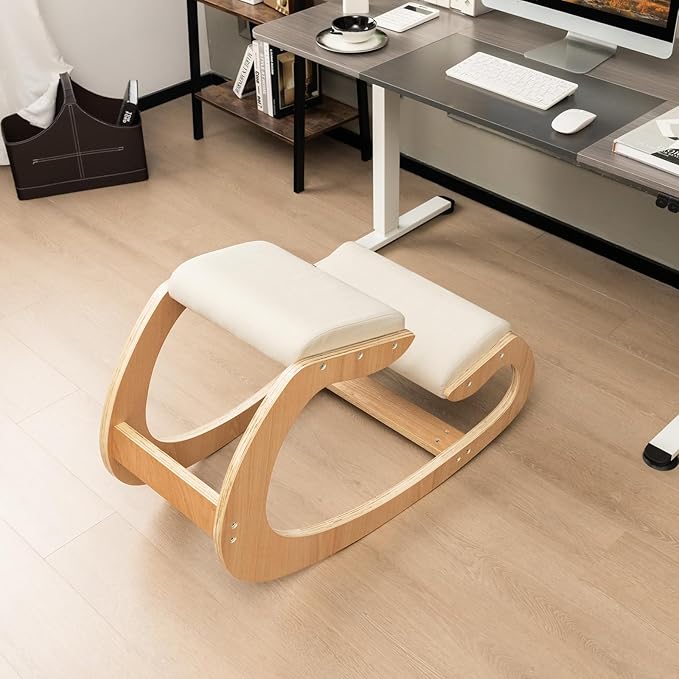 Giantex Ergonomic Kneeling Desk Chair, Rocking Knee Chair with Cushion & Solid Wood Frame, Natural Relief for Neck or Back Pain, Posture Chair for Desk, Home, Office, Max Load 330 Lbs (Beige)