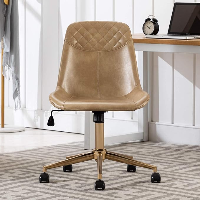 DUHOME Modern PU Leather Office Chair Desk Chair Swivel Computer Chair with Gold Base Camel