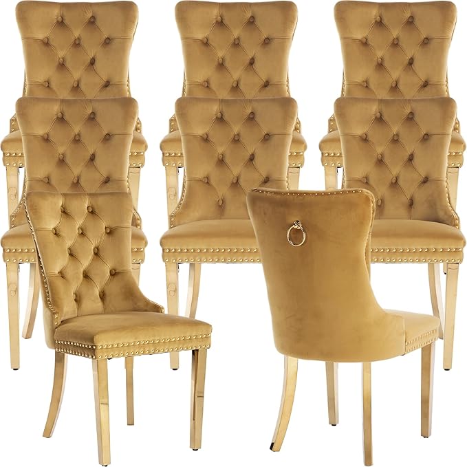 YeahFurn Mid Century Modern Dining Chairs Set of 8, Yellow Velvet Upholstered Tufted Back, Kitchen & Dining Room Chairs, Gold Metal Legs, Nailhead Trim, Sillas para Comedor (Yellow, 8 Pcs)