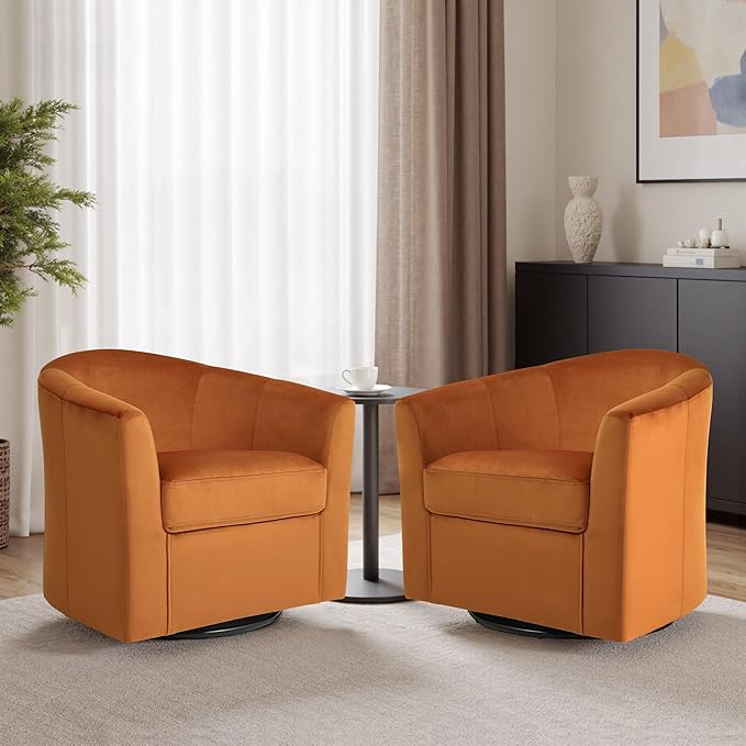 DREAMSIDEA Swivel Accent Chair, Upholstered Velvet Barrel Armchair, Modern Round Single Sofa Seating Comfy Reading Corner Chairs for Living Room Bedroom, Fully Assembled (Velvet Orange, Set of 2)
