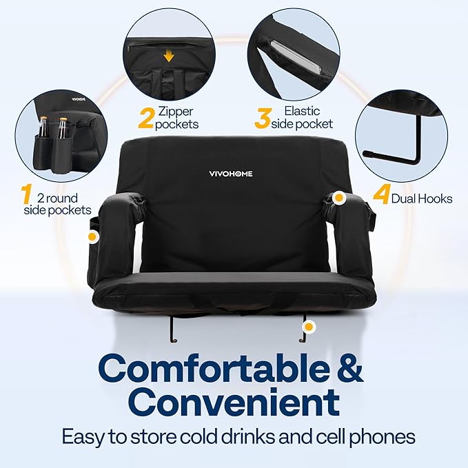 VIVOHOME Wide Reclining Stadium Seats with Back Support and Cushion, 2 Pack Portable Padded Bleacher Chairs with Armrest and Cup Holder, Comfortable for Various Sports Events