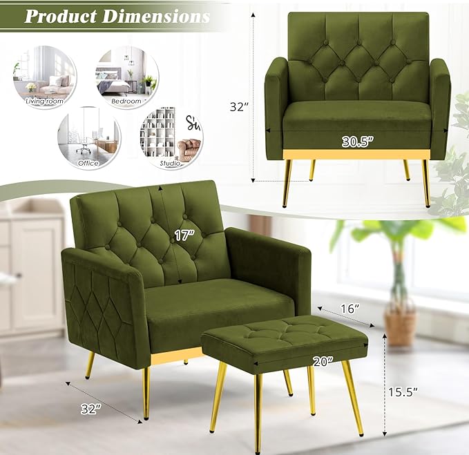 ACMEASE Velvet Accent Chair w/Adjustable Armrests and Backrests, Tufted Single Sofa with Ottoman, Upholstered Reading Chiar for Living Room, Apartment, Bedroom, Olive Green