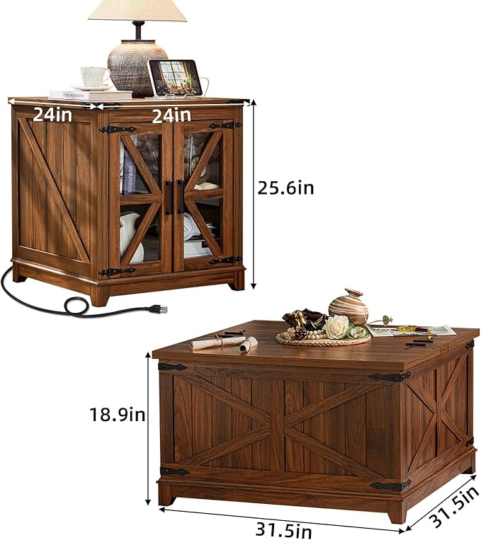 Joaxswe Farmhouse Coffee Table Set, 3 Pieces: Large End Side Tables with Charging Station and Coffee Table with Hidden Storage Compartment, Brown Wood Furniture Sets for Home Office