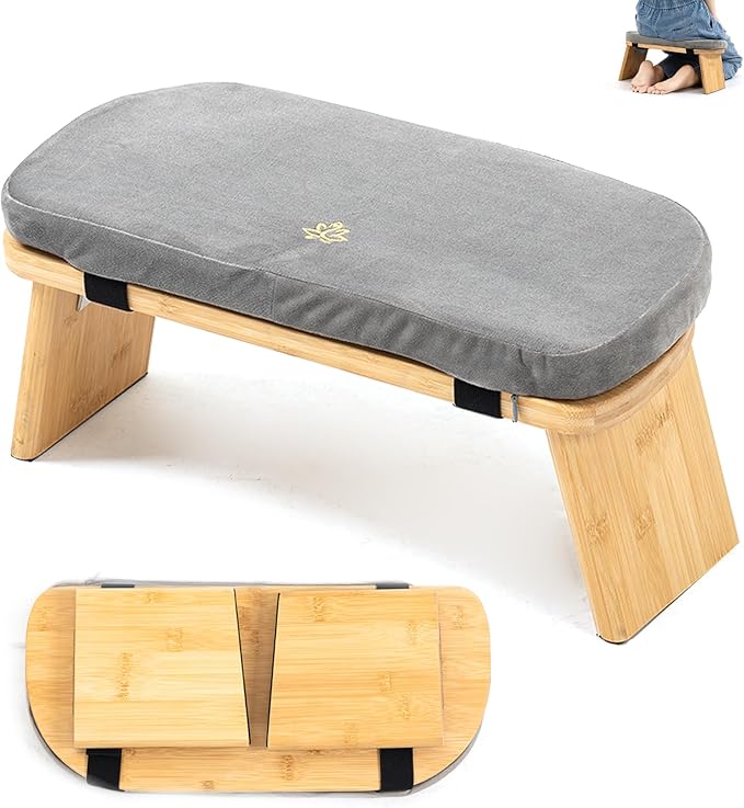 Estleys Meditation Bench, Bamboo Meditation Stool, Folding Kneeling Meditation Bench, Seiza Prayer Bench, Prayer Bench with Meditation Cushion, Kneeling Stool (Grey)