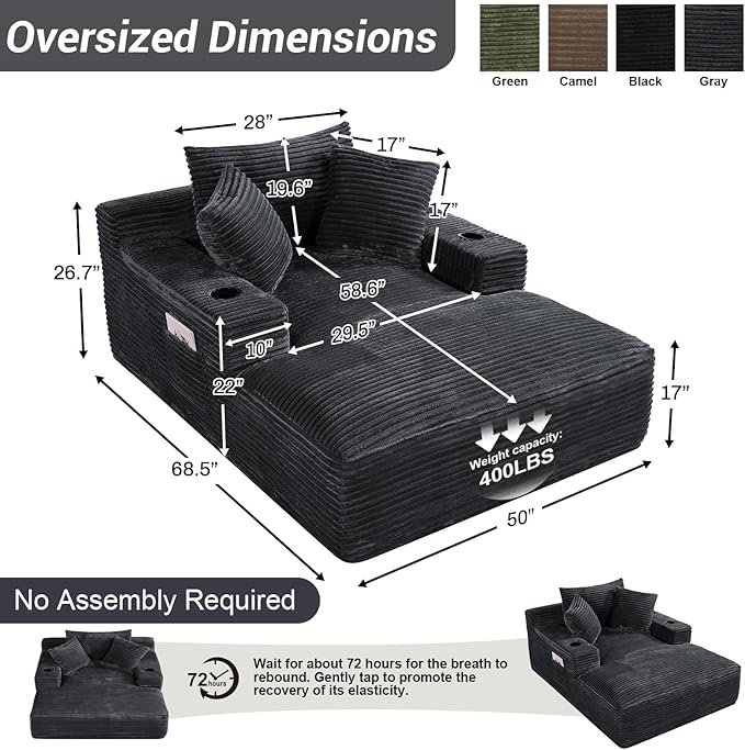 50"W x 68"D Oversized Chaise Lounge Chair Indoor Boneless Reading Chair Plush Corduroy Recliner with Cup Holders Large Deep Seat Comfy Sofa Bed Couch with 3 Pillows for Living Room Bedroom, Dark Gray