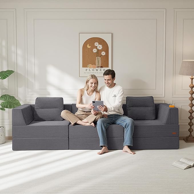 COMAX Futon Sofa Bed 3 Seater, 106" Convertible Sofa Bed Couches for Living Room, 4 in 1 Folding Boneless Sleeper Corduroy Couch Foam in a Box, Comfy Foldable Lounge Fold Out Floor Mattress, Grey