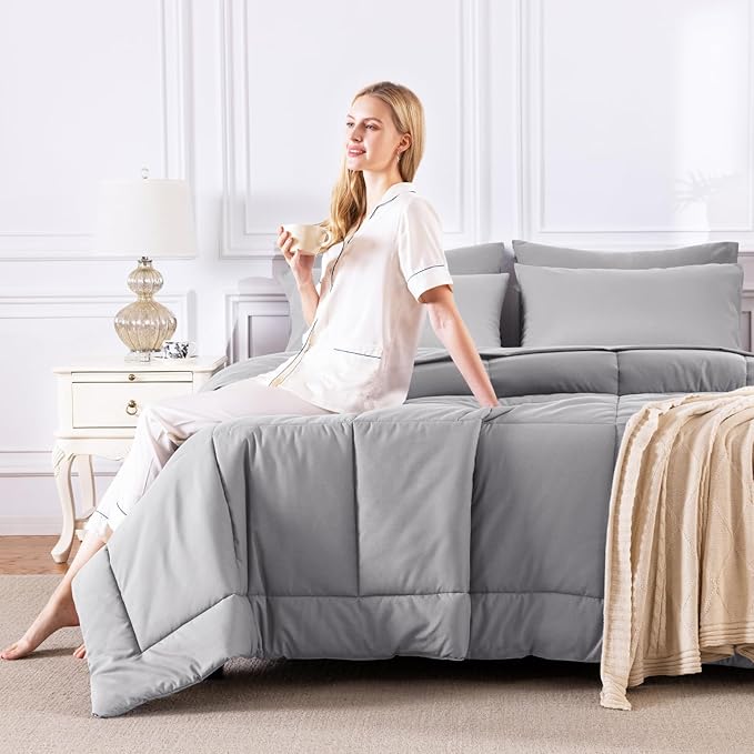 CozyLux Queen Comforter Set Grey, 7 Pieces Bed in a Bag, Gray Comforter Queen Size, All Season Bedding Sets with Stitch Quilted Comforter, Flat Sheet, Fitted Sheet, Pillowcases