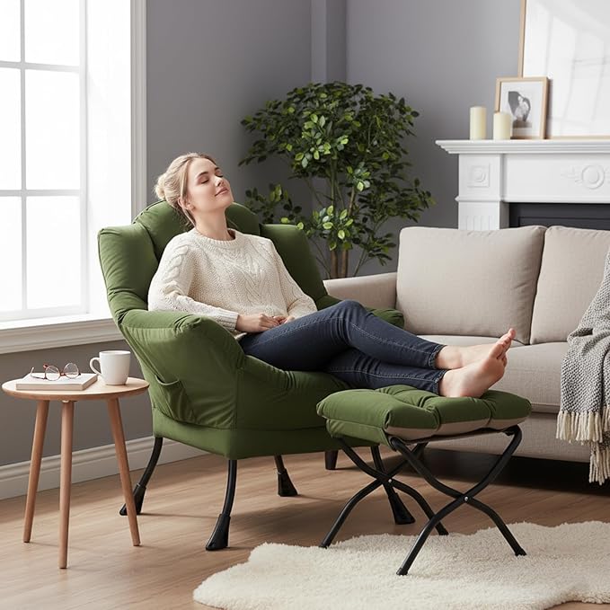 Welnow Lazy Chair with Ottoman, Modern Reading Lounge Accent Chair with Armrests and a Side Pocket, Leisure Upholstered Lazy Sofa Set with Footrest for Small Space, Army Green