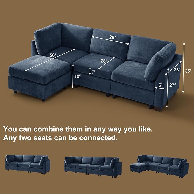 EDILLY 94 inches Oversized Modular Sectional Fabric Cloud Sofa Set, Extra Large L Shaped Couch Reversible Chaise Couch,3 Seat Modular Sofa with Storage Ottoman, Blue