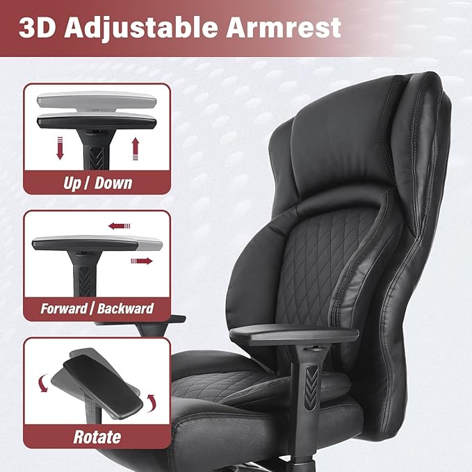CLATINA Big & Tall Executive Managerial Chair, Heavy Duty Ergonomic Leather Office Desk Chair, High Back Computer Task Chair with 3D Adjustable Arms and Lumbar Support for Home Office, Black, 2 Pack