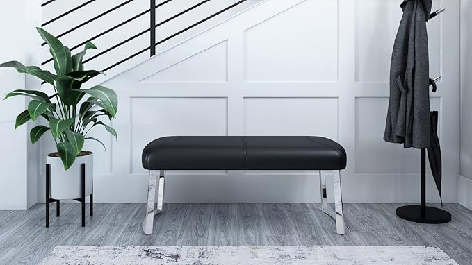 ZURI Modern Sandra Black Leatherette Bench with Polished Stainless Steel Base