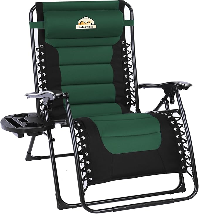 Colegence Oversized Padded Zero Gravity Lounge Chair, Foldable Patio Anti Gravity Reclining Chairs Folding Lawn Recliner with Cup Holder for Yard, Camping, Outdoor, Support 350 LBS, Green