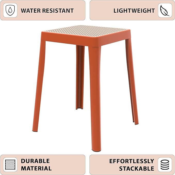 LeisureMod Tresse Mid-Century Modern Square Plastic Dining Stool Set of 2, Stackable Accent Stools with Breathable Seat, Lightweight Seating for Kitchen, Dining Room, Bedroom, or Entryway (Orange)
