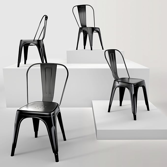 Metal Dining Chairs Set of 4,Stackable Tolix Chair Indoor/Outdoor for Kitchen,Cafe,Restaurant,Bistro & Patio Multiple Colors(Matte Black)