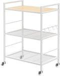 XIVIRACK 3-Tier Metal Storage Rack with Industrial Wheels,Mesh Shelving Unit with Wooden Table top,Adjustable Shelf,23.6-Inch Width,15.8-Inch Depth, for Kitchen, Laundry,Pantry,Plant,white