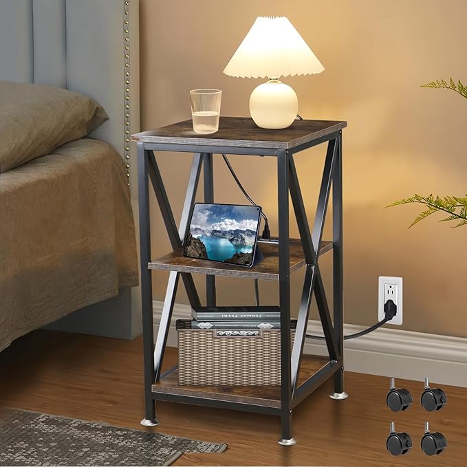 End Tables Living Room Set of 2, Square End Table with Charging Station, 16" D X 16" W X 28" H, Wood and Metal Table with USB Ports and Outlets, Side Table with Wheels for Living Room, Bedroom