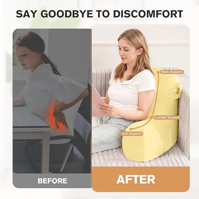 Unisakey Portable Comfy Reading Pillows for Bed Sitting Up(Yellow Oeko-Tex), Velvet Back Pillow with Arms & Pockets for Adults, Support Memory Foam Bed Pillow for Dorm/Reading/Watching/Gaming