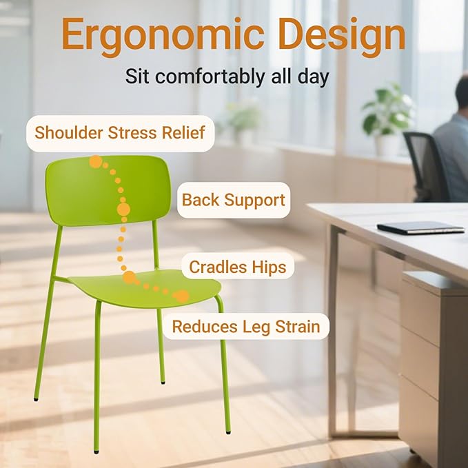 Sidanli Stackable Chairs Set of 4, Metal Dining Chairs with Plastic Seat, Capacity 300lbs, Stacking Chairs for Waiting Break Room Kitchen Party, Green