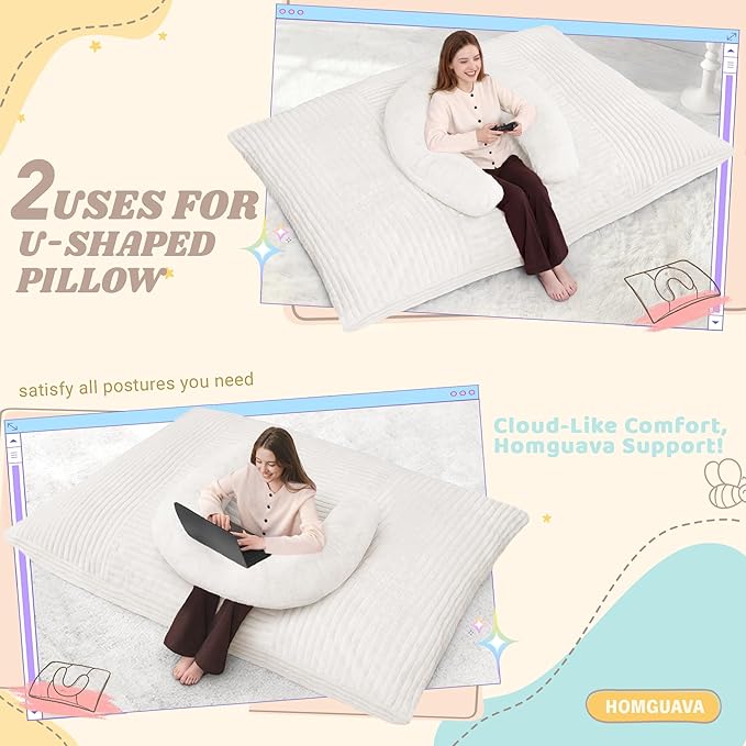 Homguava Giant Bean Bag Chair for Adults with Pillow, 4 in 1 Convertible Floor Cushion for Adluts, Memory Foamed Bean Bag Lounger with Washable Cover for Living Room, Bedroom
