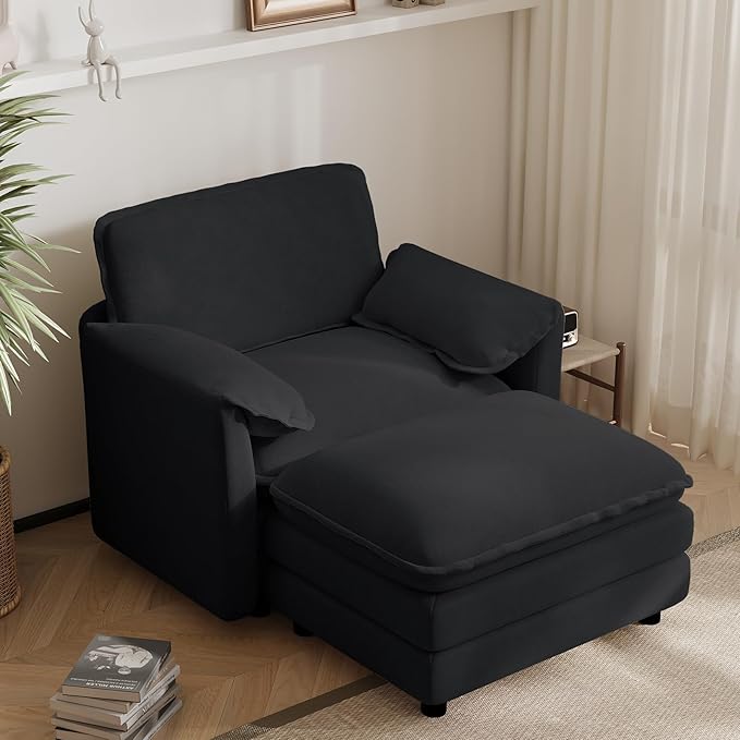 DAMAIFROM Oversized Chaise Lounge Chair Indoor with Ottoman, Firm Solid Wood Frame with Long Service Life Chenille Oversized Lounge Reading Chair for Study Room - Black