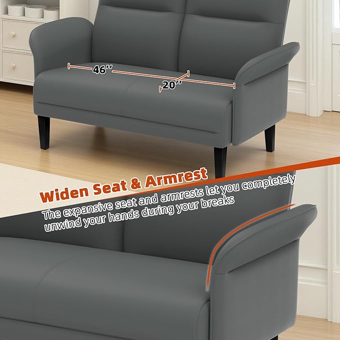 Faux Leather Loveseat with Wide Armrests, Symmetrical Shawl Arm 2-Seater Sofa, Upholstered Modern Loveseat with Wooden Legs for Small Living Room, Apartment, Gray