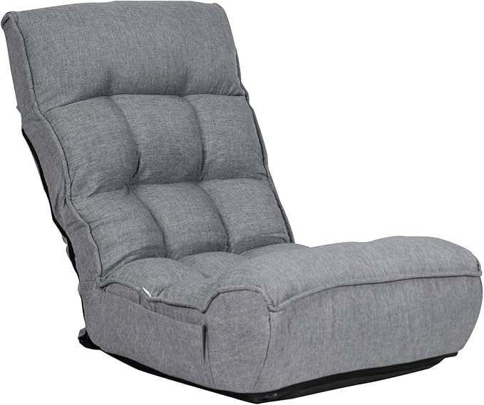 KOMFOTT Folding Floor Chair for Adults, Floor Gaming Chair with 5-Position Adjustable Headrest & 4-Position Adjustable Backrest, Side Pocket, Floor Seating Lazy Sofa for Reading, Meditating, Grey