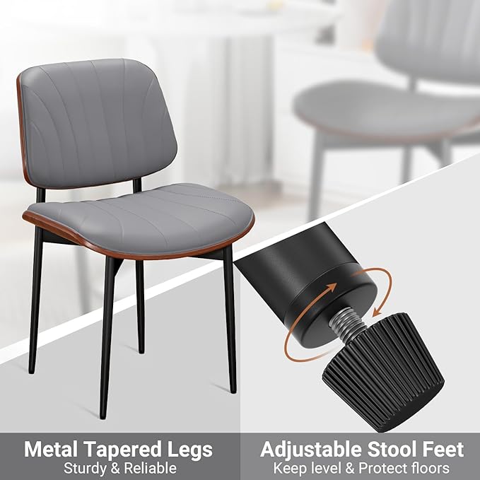 Dining Chairs Set of 2, Mid-Century Modern Upholstered PU Leather Chairs with Walnut Back and Metal Legs Adjustable Feet for Kitchen Dining Room, Dark Gray Shell Strips