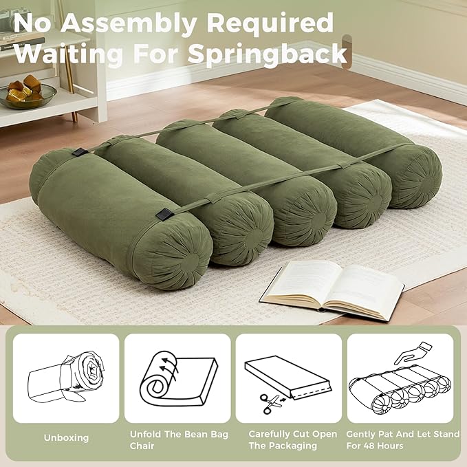Ekskiei Bean Bag Sofa, Corduroy Sectional with Connecting Straps, Flexible Floor Seating, Soft Foam Filled Lounger, Non-Removable Cover, Reconfigurable Design,Living Room,Bedronm&Offices,Green
