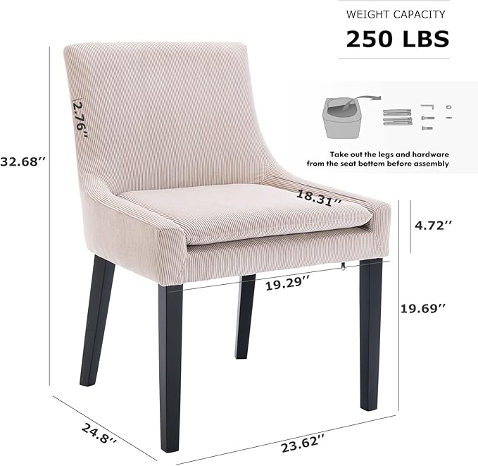 Dining Chairs Set of 2, Upholstered Corduroy Dining Room Chair with Wood Legs, Mid-Back Padded Kitchen Side Chairs for Dining Room, Beige