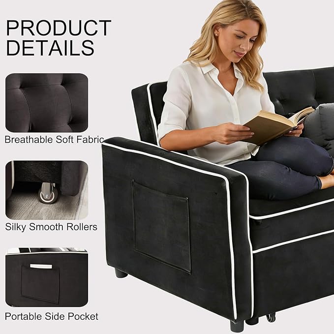 3 in 1 Convertible Loveseat Sleeper Sofa, Modern Futon Couch with Adjustable Backrest, Pull Out Sofa Bed Upholstered for Living Room Bedroom Apartment Small Space (Black)