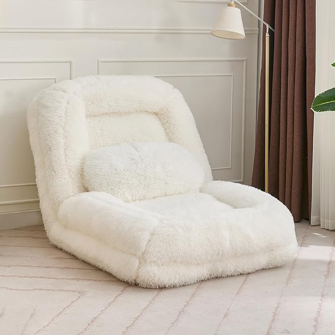 Upholstered Human Dog Bed for Adult & Pets, Convertible Lazy Sofa Bed with 5 Adjustable Position, Comfy Tatami Bean Bag Lounge Chair with 2 Soft Pillows for Bedroom Living Room (Beige Fluffy)
