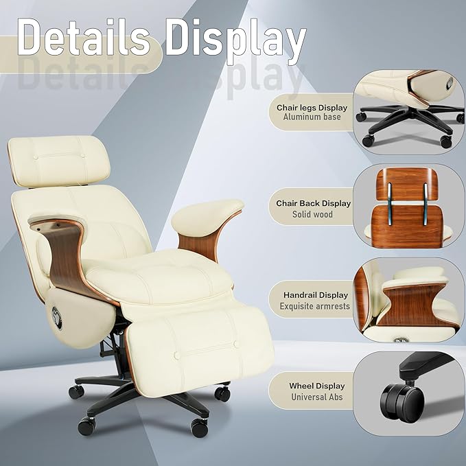 Genuine Leather Office Chair with Electric Reclining, Footrest, Lifting and Massage Function, 350lbs Capacity Ergonomic Executive Chair with Alu Base and 360° Wheels for Home Living Room