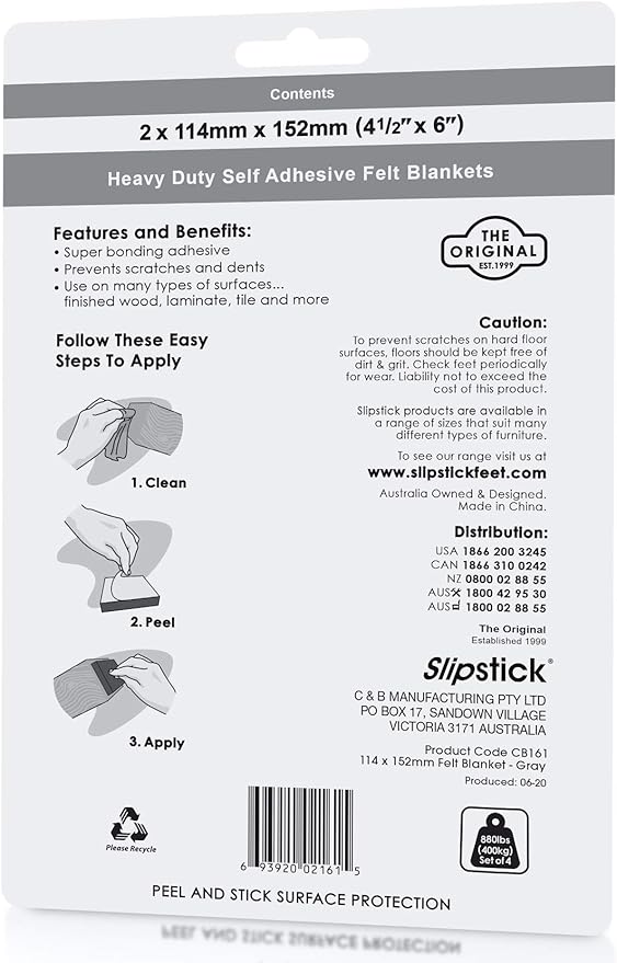 Slipstick Premium Wool Felt Sheet Furniture Pads/Floor Surface Protectors (6 Inch x 4-1/2 inch) Includes 2 Large Felt Pad Blankets with Self Stick Backing, Gray, CB161