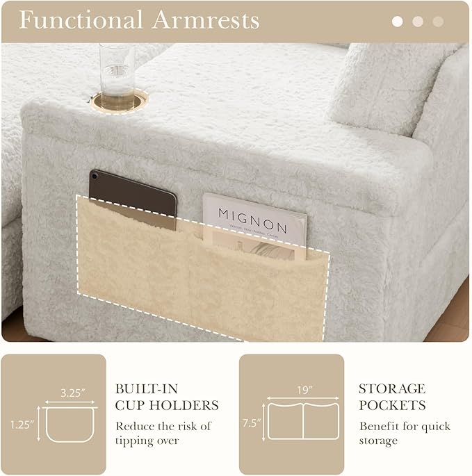 Merax Oversized Chaise Lounge Chair Indoor with Storage Armrest & Ottoman, Cup Holders, Cloud Upholstered Sleeper Sofa Bed Couch, Deep Seat Reading Recliner for Living Room Bedroom, Beige