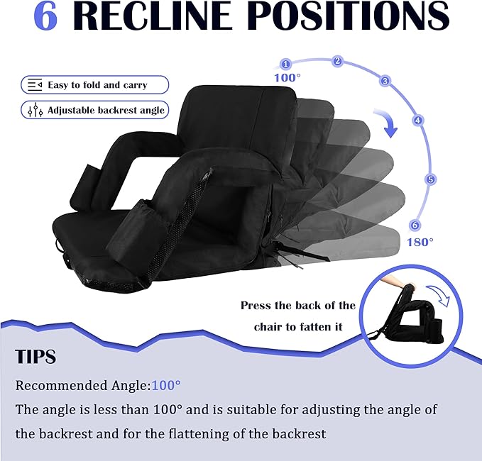 Anmiro Stadium Seats with Back Support Bleacher Chairs with Back and Extra Wide Cushion Thick Padded Bleacher Portable Reclining Seats for Football, Baseball and Basketball (Black, Small)