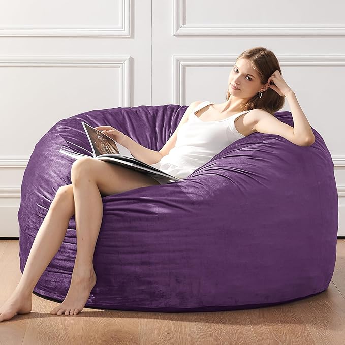 Bean Bag Chairs for Adults - Memory Foam Furniture BeanBag Chair - Kids/Teens Sofa with Soft Micro Fiber Cover - Round Fluffy Couch for Living Room Bedroom College Dorm - 3 ft, Purple