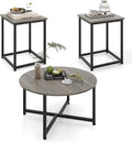 Giantex Round Nesting Table Set of 3, Farmhouse Coffee Table w/2 End Tables, Sturdy Metal Frame, 3-Piece Wooden Living Room Table Set for Home Office, Apartment (Black Oak)