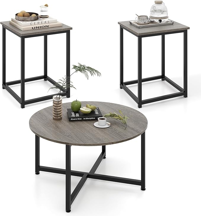 Giantex Round Nesting Table Set of 3, Farmhouse Coffee Table w/2 End Tables, Sturdy Metal Frame, 3-Piece Wooden Living Room Table Set for Home Office, Apartment (Black Oak)