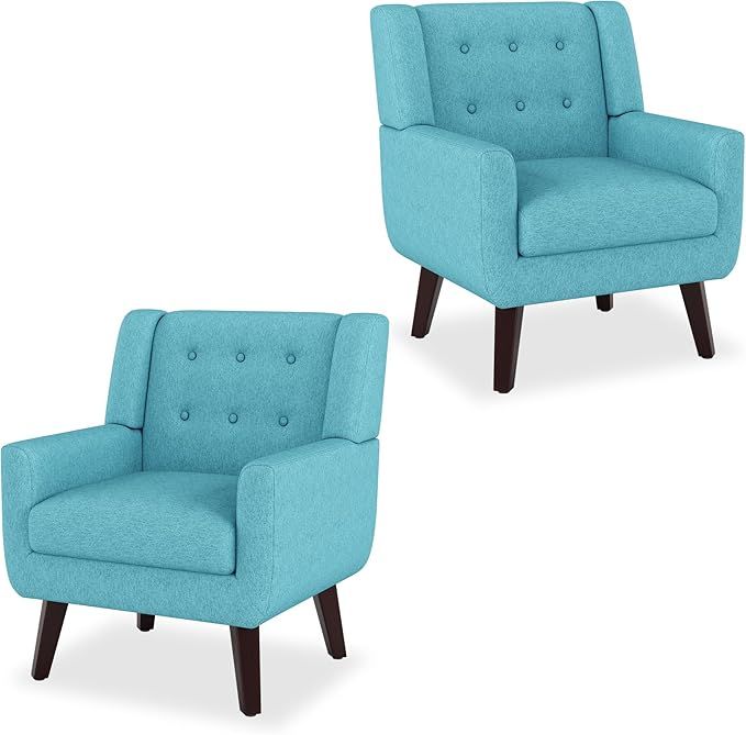 Accent Chair Set of 2, Mid-Century Modern Upholstered Living Room Armchair, Comfy Linen Fabric Single Reading Arm Chair with Tufted Back and Wood Legs for Bedroom, Club (2, Lake Blue)