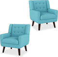 Accent Chair Set of 2, Mid-Century Modern Upholstered Living Room Armchair, Comfy Linen Fabric Single Reading Arm Chair with Tufted Back and Wood Legs for Bedroom, Club (2, Lake Blue)