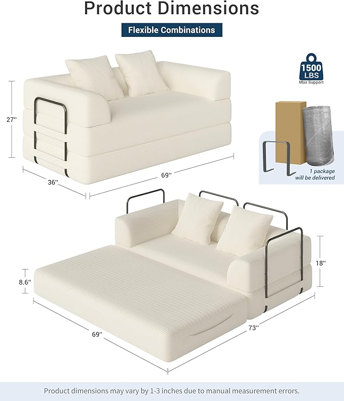 Cloud Boneless Convertible Floor Sofa Bed, 70" 4-in-1 Foldable Compressed Loveseat Lounge Sleeper 2 Seater Couches, High-Density Sponge & Corduroy Fabric Futon Daybed for Living Room Bedroom(Beige)