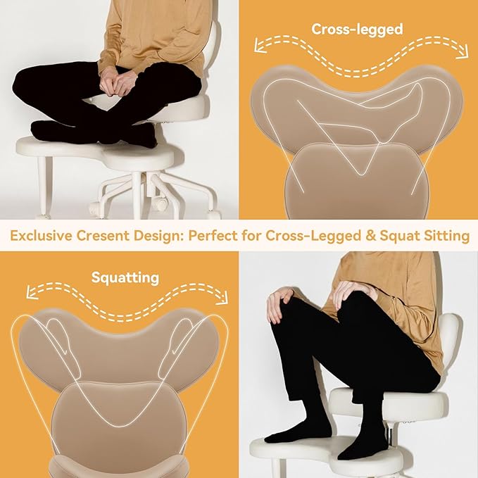 Pipersong Meditation Chair Plus, Cross Legged Chair with Wheels, ADHD Chair, Criss Cross Desk Chair with Lumbar Support and Adjustable Stool, Flexible Design for Fidgety Sitters, Tan