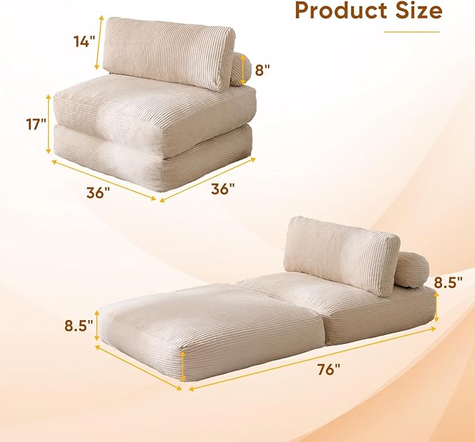 Waxberry Folding Sofa Bed, Convertible Sleeper Chair Couch Bed, Corduroy Upholstered Boneless Sofa for Living Room Bedroom, with Back Support Floor Couch, Beige