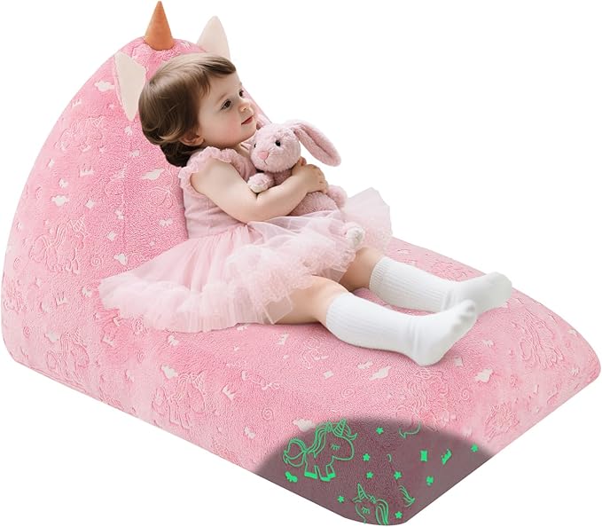 COMAX Unicorn Bean Bag Chairs for Kids, Kid Beanbag Chair with Filler, Toddler Lounge Bean Chair, Children Lazy Floor Lounger for Girls Boys, Glowing Pink Unicorn