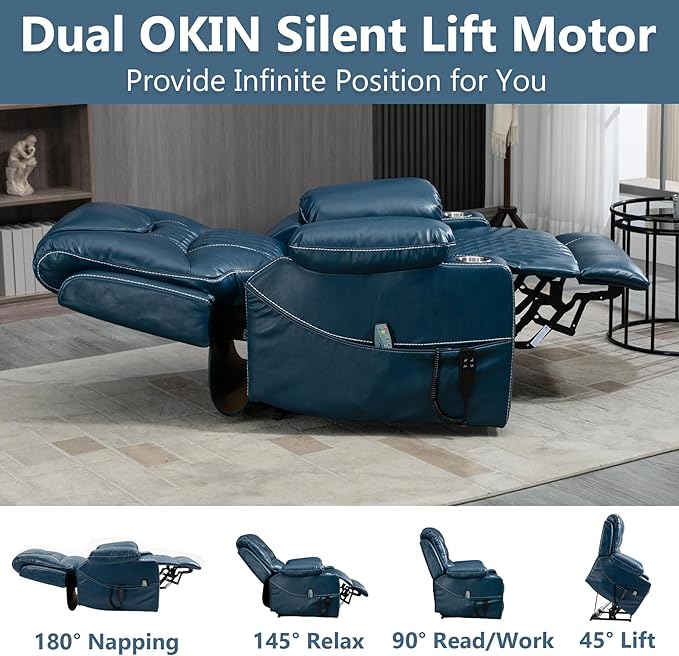 Oversized Power Lift Recliner Chair 400 LBS for Big and Tall, 25" Extra Wide Electirc Recliner Chair Living Room Sofa with Massage and Heating, Dual Motor Leather Home Theater Seat,Blue