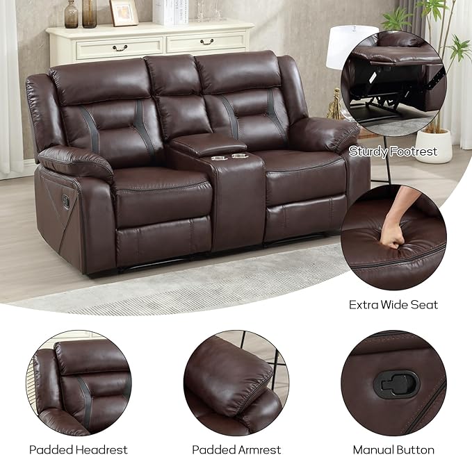 EBELLO Manual Recliner Sofa Set, Faux Leather Reclining Living Room Furniture Set, Included Single Recliner Chair and Manual Loveseat Sofa, Dark Brown