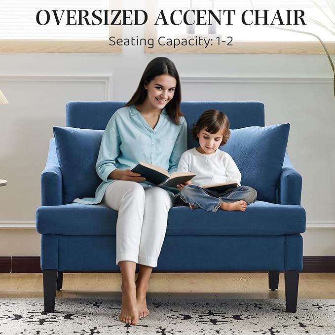 Bezseller Oversized Accent Chair, 33.5'' Wide Seat Comfy Armchair with 2 Pillows, Upholstered Big Reading Chair, Modern Single Sofa Chair for Living Room Bedroom Apartment Office, Blue