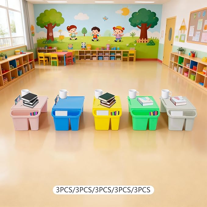 Kids Lap Desk Tray Set of 15, Portable Stackable Lap Trays with Cup Holder & Side Pockets, 19.69x9.84x7.1in Plastic Activity Tray for Home, Classroom, Daycare