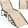 Goplus Extra Large Lounge Chair Outdoor, 27” Wide Folding 5-Position Tanning Chair with Detachable Pillow, Side Pocket, 16” High Chaise Lounger, 440LBS Capacity, Patio Lounge Chair for Yard Pool Yard