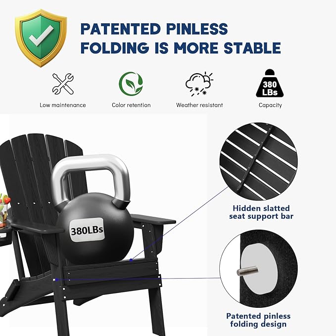 Plawdlik Folding Adirondack Chair, SGS Tested, Wooden Textured with Cup Holder, Heavy All-Weather HDPE Comfortable Set Poolside Backyard Lawn Black